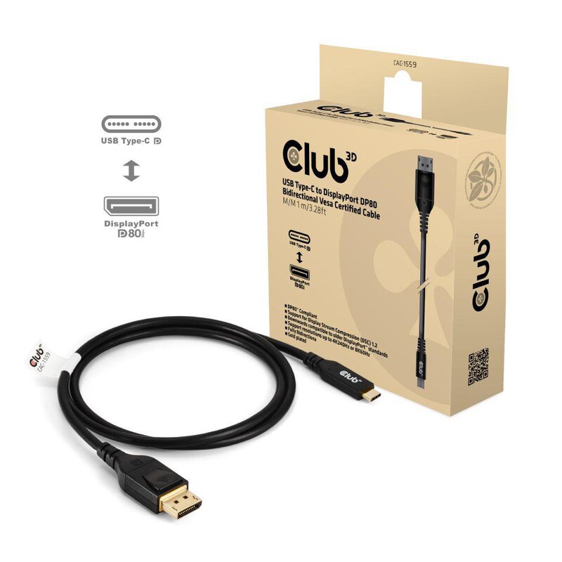 DisplayPort/HDMI günstig Kaufen-Club 3D USB Typ-C auf DP80 bidirektionales VESA zertifiziertes Kabel St./ St. 1m schwarz. Club 3D USB Typ-C auf DP80 bidirektionales VESA zertifiziertes Kabel St./ St. 1m schwarz <![CDATA[• USB-Kabel, Spezifikation: DisplayPort 2.1 - Länge: 1000 mm • Ansc