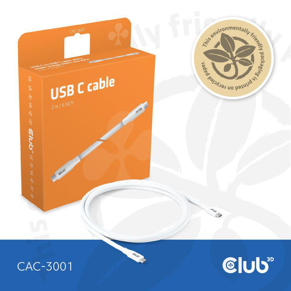 Club 3D USB Typ-C zu Typ-C Kabel 20 Gbps 240W 4K60Hz 2m weiß