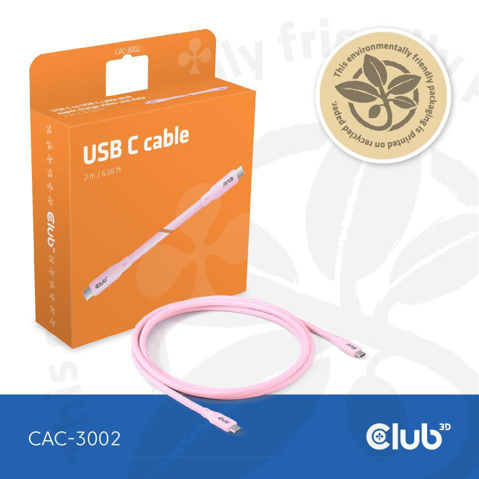 Club 3D USB Typ-C zu Typ-C Kabel 20 Gbps 240W 4K60Hz 2m pink Image