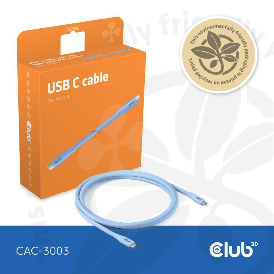 Club 3D USB Typ-C zu Typ-C Kabel 20 Gbps 240W 4K60Hz 2m blau
