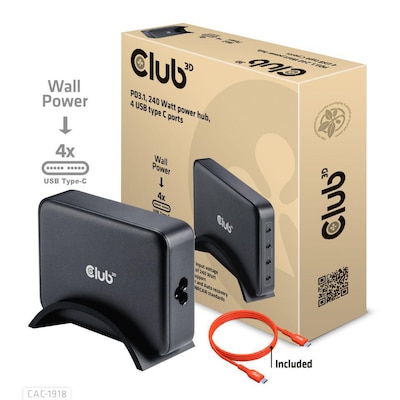 Club 3D Reiseladegerät 240 Watt GaN-Technologie, 4 x USB Typ-C, Power Delivery (PD) 3.1 und PPS-Unterstützung