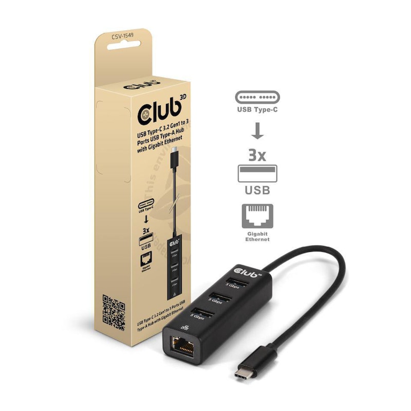 Club 3D USB Typ-C 3.2 Gen1 auf 3 Port USB Typ-A Hub mit Gigabit Ethernet