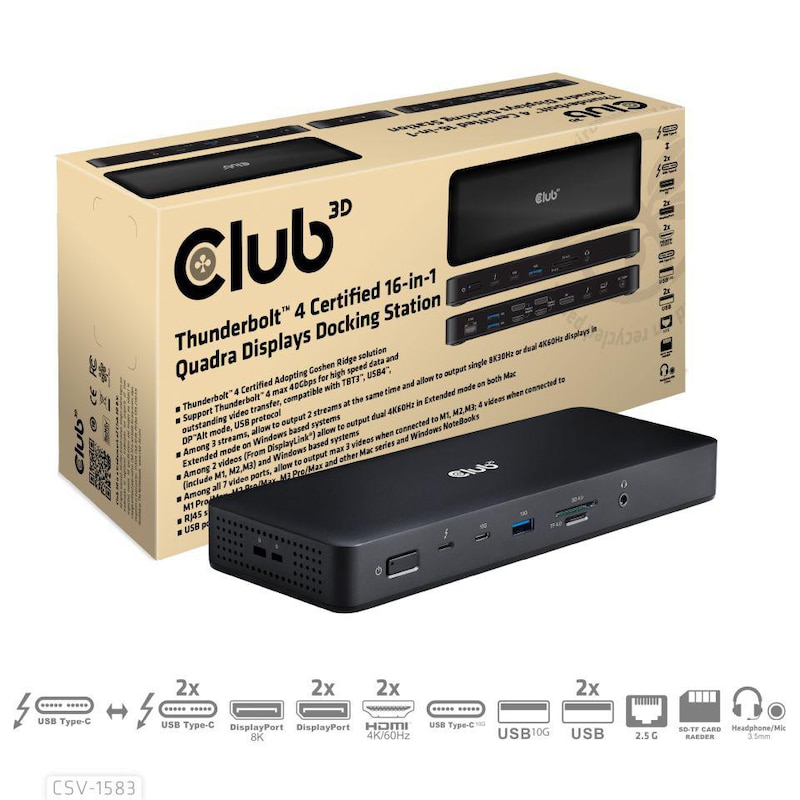 Club 3D Thunderbolt 4 zertifizierte 16-in-1 Vier-Displays Docking Station