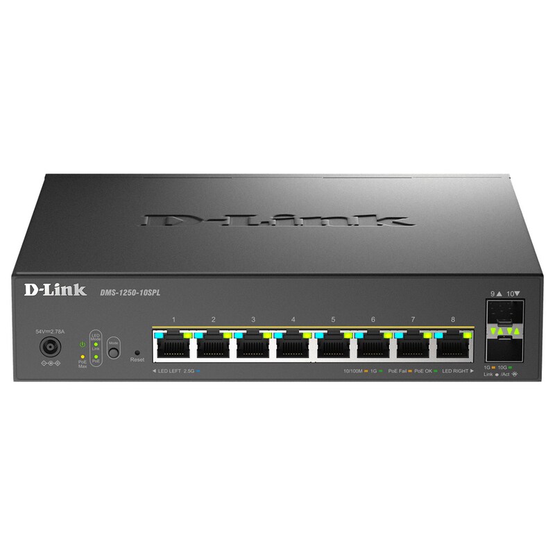Budget günstig Kaufen-D-Link DMS-1250-10SPL/E Smart Managed 8-Port-Multi-Gigabit-Switch. D-Link DMS-1250-10SPL/E Smart Managed 8-Port-Multi-Gigabit-Switch <![CDATA[• Rack Switch • 8 Ports , 8 mit PoE (120 W Budget) • Kühlung: passiv (lüfterlos)]]>. 