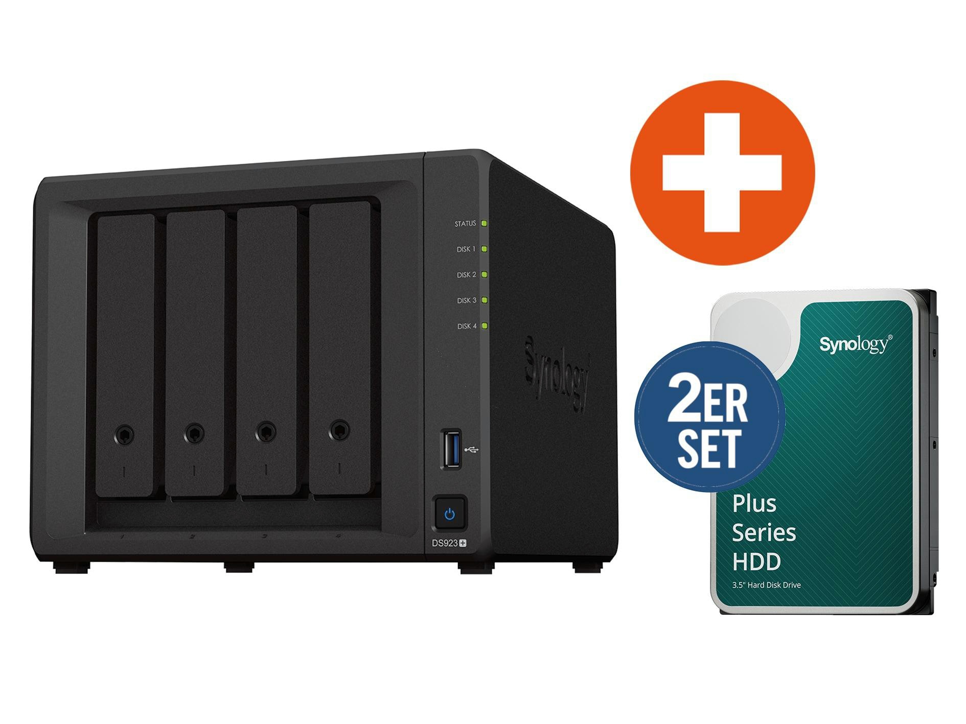Synology DS923+ NAS-система с 4 отсеками объемом 12 ТБ в комплекте с 2x6 ТБ HDD Synology HAT3300-6T