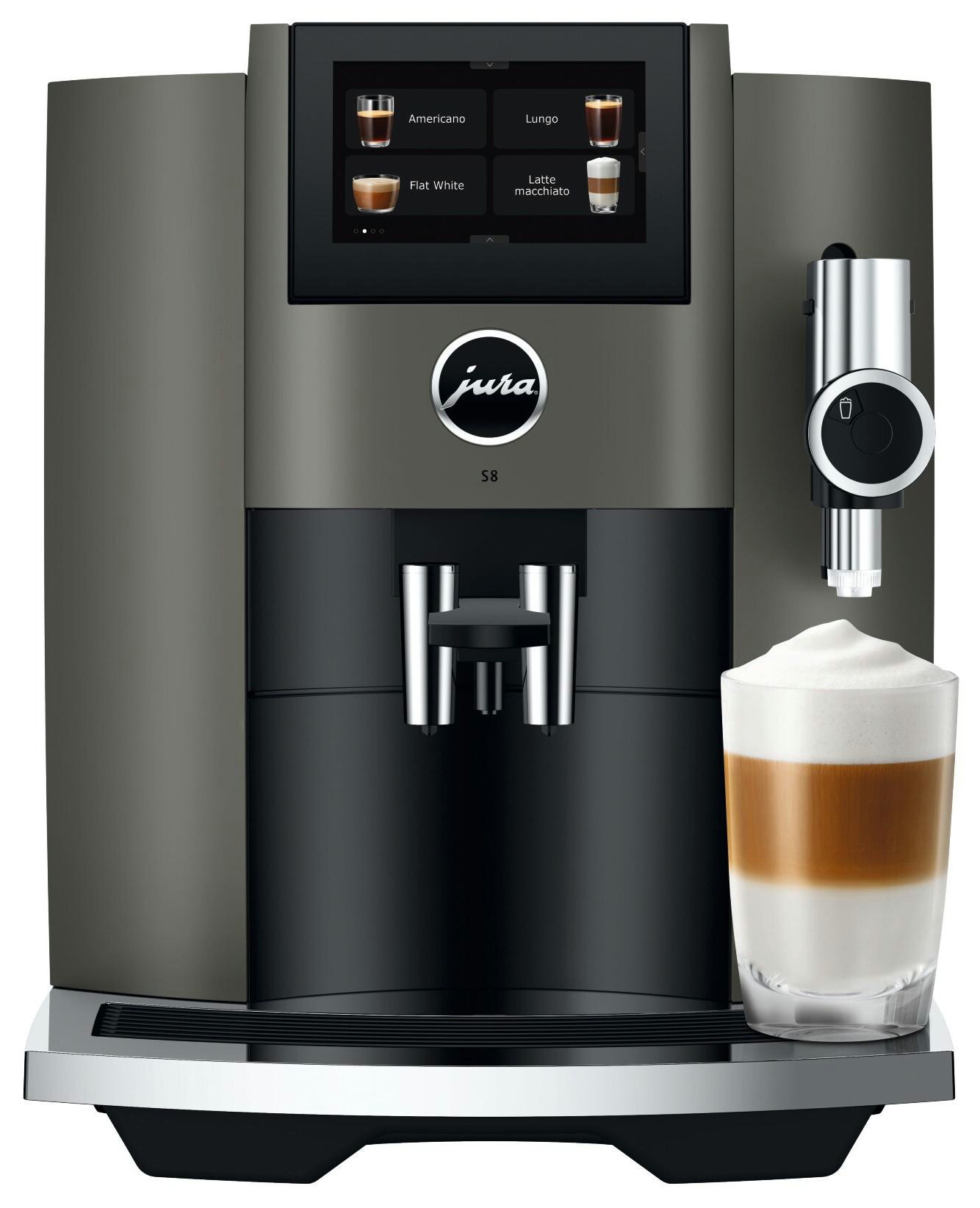 JURA S8 (EB) Kaffeevollautomat, 27 Spezialitäten, 4,3"-Touchscreen, WiFi, Sweet Foam & Sirupaufsatz, Feinschaum-Technologie, Energiesparmodus, Dark Inox
