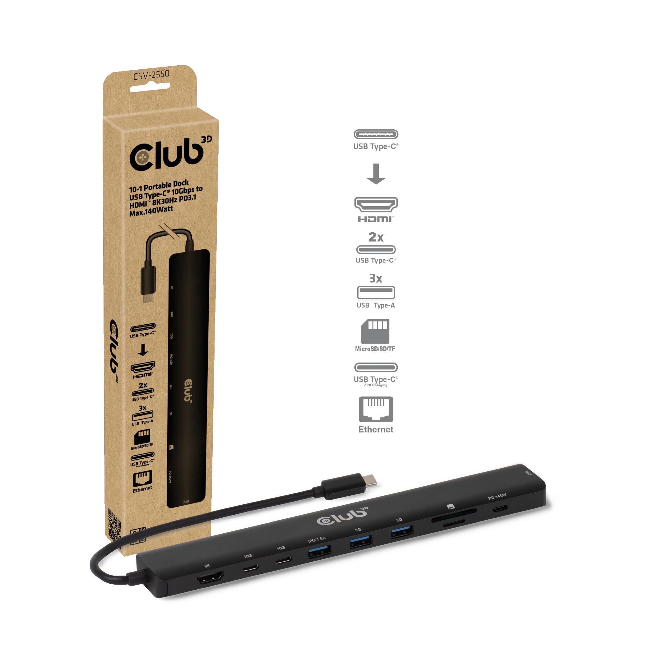 Club3d Club 3D 10-1 Hub Usb Typ-C® 10Gbps Auf Hdmi™ 8K30hz Pd3.1 Max.140watt Größe 3 Schwarz - Bild 3