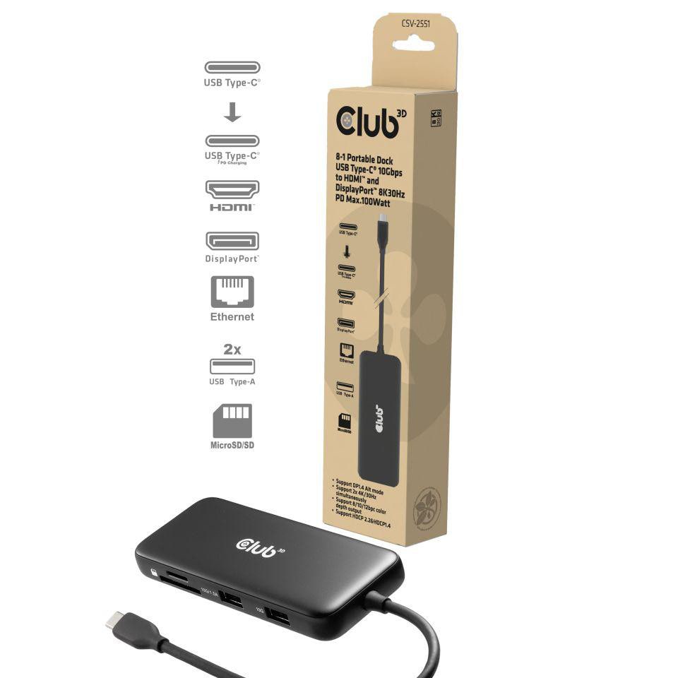 Club 3D 8-1 Tragbare USB Type-C® Dock 10 Gbit/s auf HDMI™ und DisplayPort™ 8K30Hz PD
