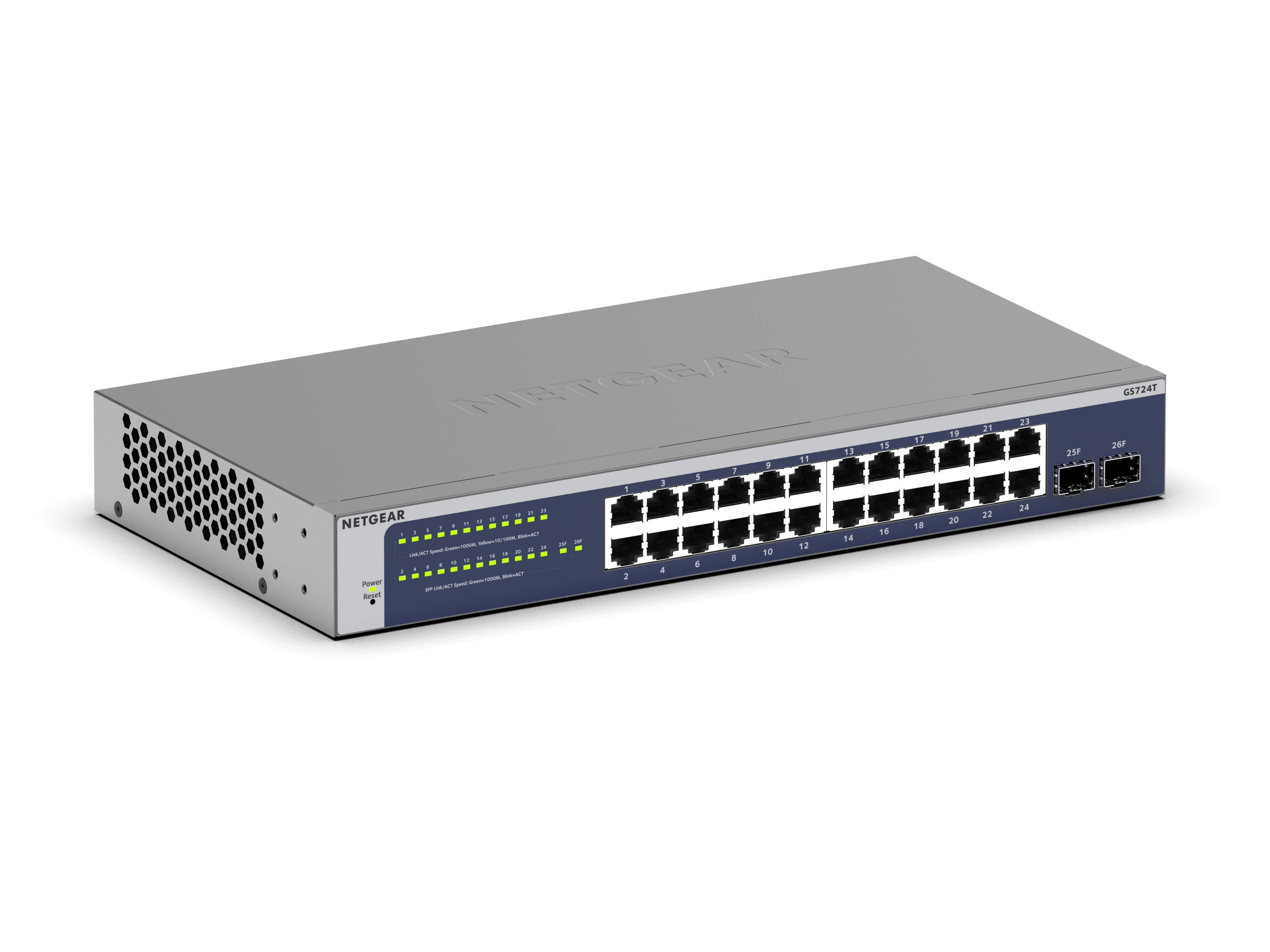 NETGEAR 24-Port Gigabit Ethernet Smart Switch (GS724T) Managed, optional mit Insight Cloud Management für 1 Jahr, mit 2 1G SFP, Desktop & Rack-Mount