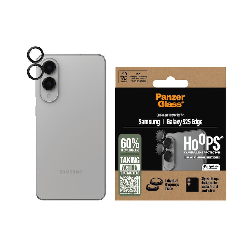 Samsung Galaxy günstig Kaufen-PanzerGlass Hoops Kameraschutz für Samsung Galaxy S25 Edge schwarz. PanzerGlass Hoops Kameraschutz für Samsung Galaxy S25 Edge schwarz <![CDATA[• Farbe: Schwarz, kompatibel zu Galaxy S25 Edge • Kameraobjektiv-Schutz]]>. 
