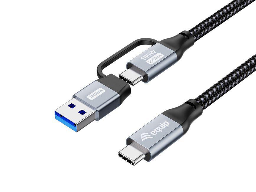 EQUIP 128431 2-in-1 USB 3.2 Gen 2x2 C auf C/A Kabel, 1,0m, PD100W, 4K/60Hz, 20Gbps, Schwarz