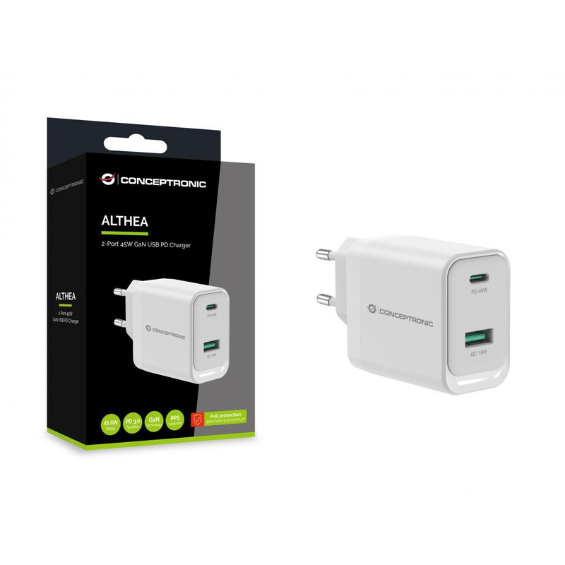 W45 mit günstig Kaufen-Conceptronic ALTHEA20W45 2-Port-45-W-USB-Ladegerät. Conceptronic ALTHEA20W45 2-Port-45-W-USB-Ladegerät <![CDATA[• Galliumnitrid-Technologie (GaN) und liefert bis zu 45 W Gesamtleistung für schnelleres und effizienteres Laden • mit 2 Anschlüssen,