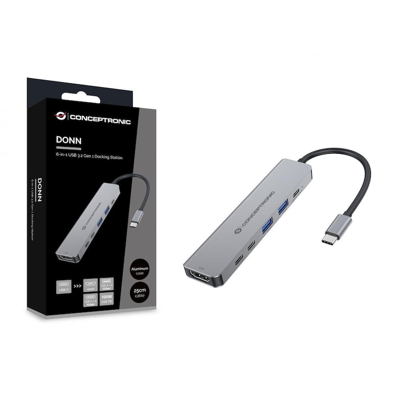 Conceptronic DONN33G 6-in-1 USB 3.2 Gen 1 Dockingstation, HDMI, USB-A 3.0 x 2