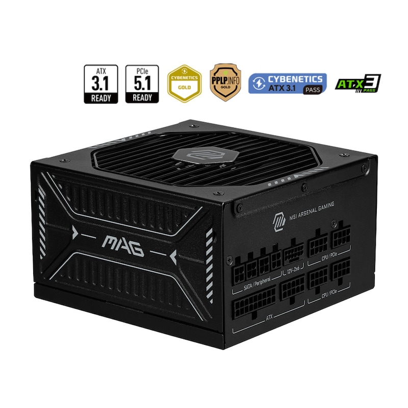 TT Modular günstig Kaufen-MSI MAG A850GLS PCIE5 850 Watt ATX 3.1 PCIe 5.1 80+ Gold Netzteil 135mm Lüfter. MSI MAG A850GLS PCIE5 850 Watt ATX 3.1 PCIe 5.1 80+ Gold Netzteil 135mm Lüfter <![CDATA[• ATX Netzteil mit 850 W Leistung • vollmodulares Kabelmanagement • Zertifizi