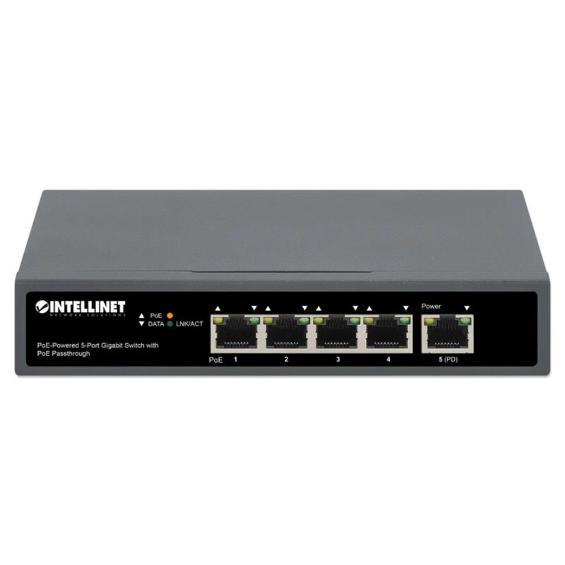 PoE Switch günstig Kaufen-Intellinet PoE-Powered 5-Port Gigabit Switch mit PoE-Passthrough. Intellinet PoE-Powered 5-Port Gigabit Switch mit PoE-Passthrough <![CDATA[• Desktop Switch • 5 Ports , 5 mit PoE (65 W Budget) • Kühlung: passiv (lüfterlos)]]>. 