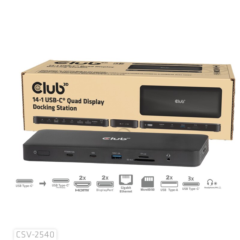 Erste günstig Kaufen-Club 3D 14-1 USB-C Quad-Display-Dockingstation. Club 3D 14-1 USB-C Quad-Display-Dockingstation <![CDATA[• Die erste native 4x 4K60Hz-Dock auf dem Markt! • DisplayPort™ 2.1 Alt-Modus. Unterstützt RBR/HBR/HBR2/HBR3/UHBR10, UHBR13.5, UHBR20-Datenraten. • Unt