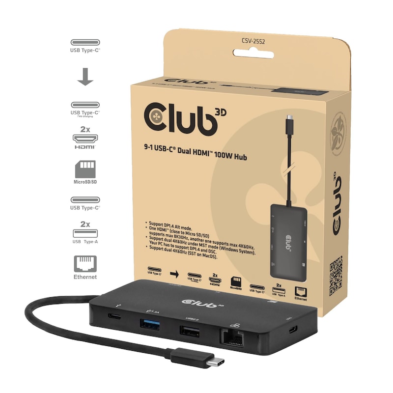 DUAL 4K günstig Kaufen-Club 3D 9-1 USB-C Dual HDMI™ 100W Hub. Club 3D 9-1 USB-C Dual HDMI™ 100W Hub <![CDATA[• Unterstützt den DP1.4 Alt-Modus. • Ein HDMI™-Anschluss (in der Nähe von Micro-SD/SD) unterstützt maximal 8K30 Hz, ein weiterer maximal 4K60 Hz. • Unterst