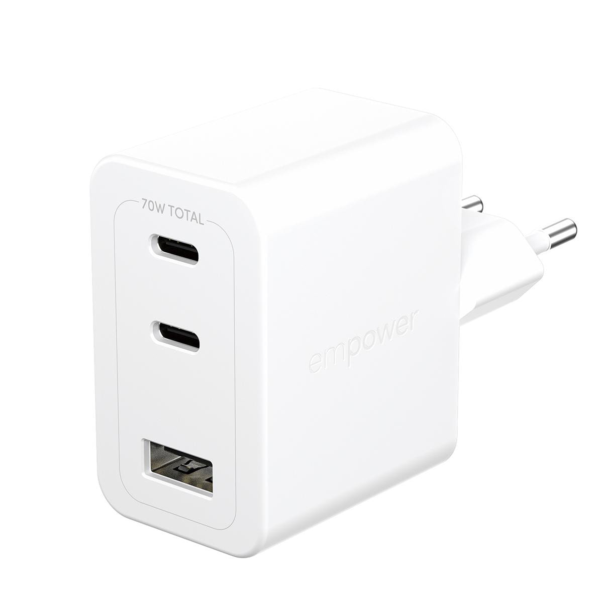 empower by PanzerGlass® Turbo 70W Multiple Ladegarät inkl. 2x USB-C + USB-A EU Anschluss Silber Weiß