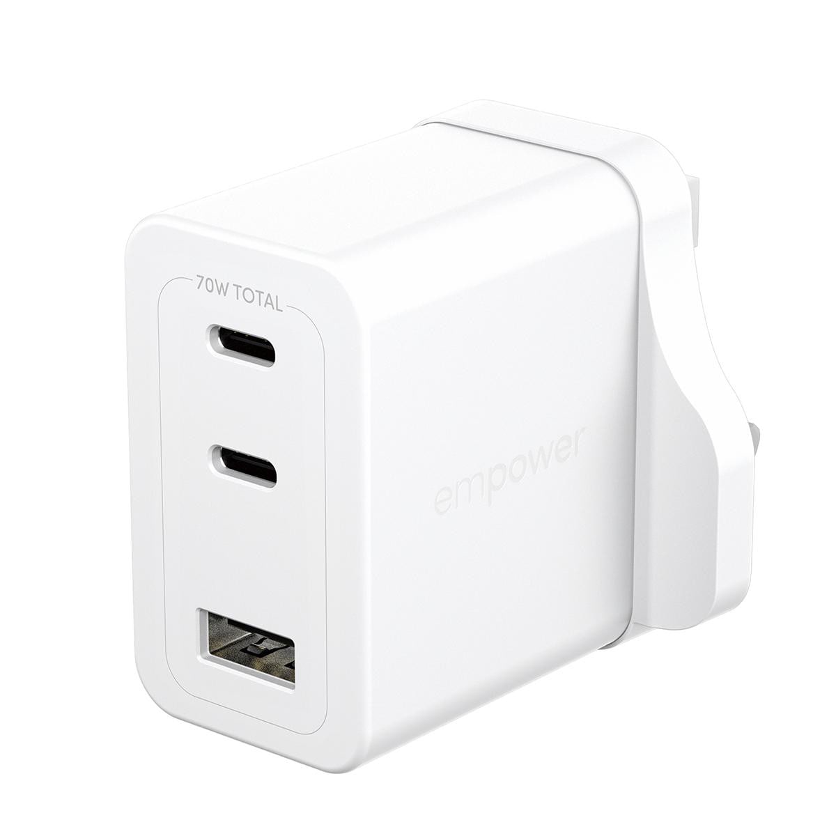 empower by PanzerGlass® Turbo 70W Multiple Ladegarät inkl. 2x USB-C + USB-A UK Anschluss Silber Weiß