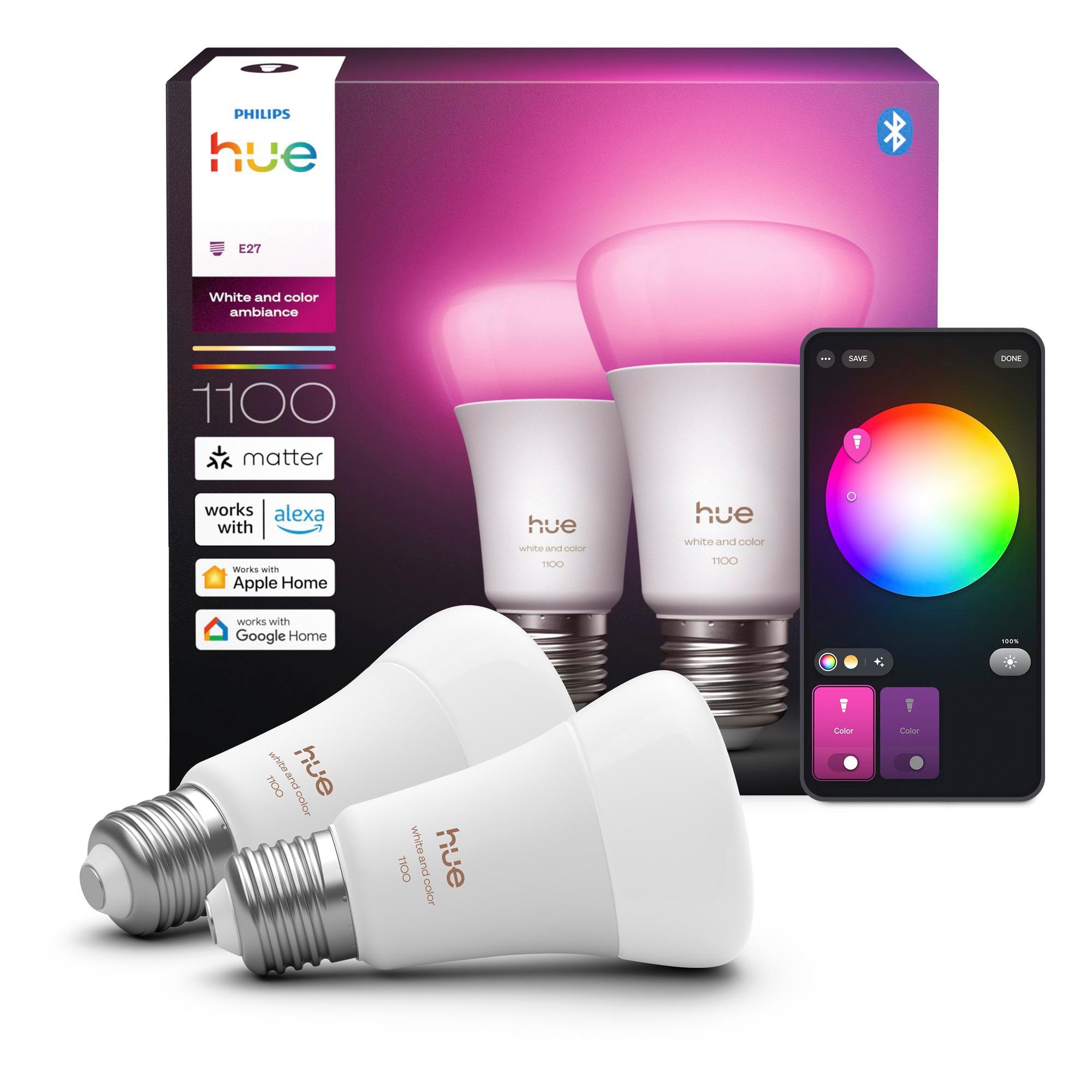 Philips Hue Smart LED A60 Lampen, E27, 2er Pack | White & Color Ambiance Licht, 16 Mio. Farben, 1100 lm, 8,1 W, Dimmbar, App- und Sprachsteuerung, Smart Home - Bild 6