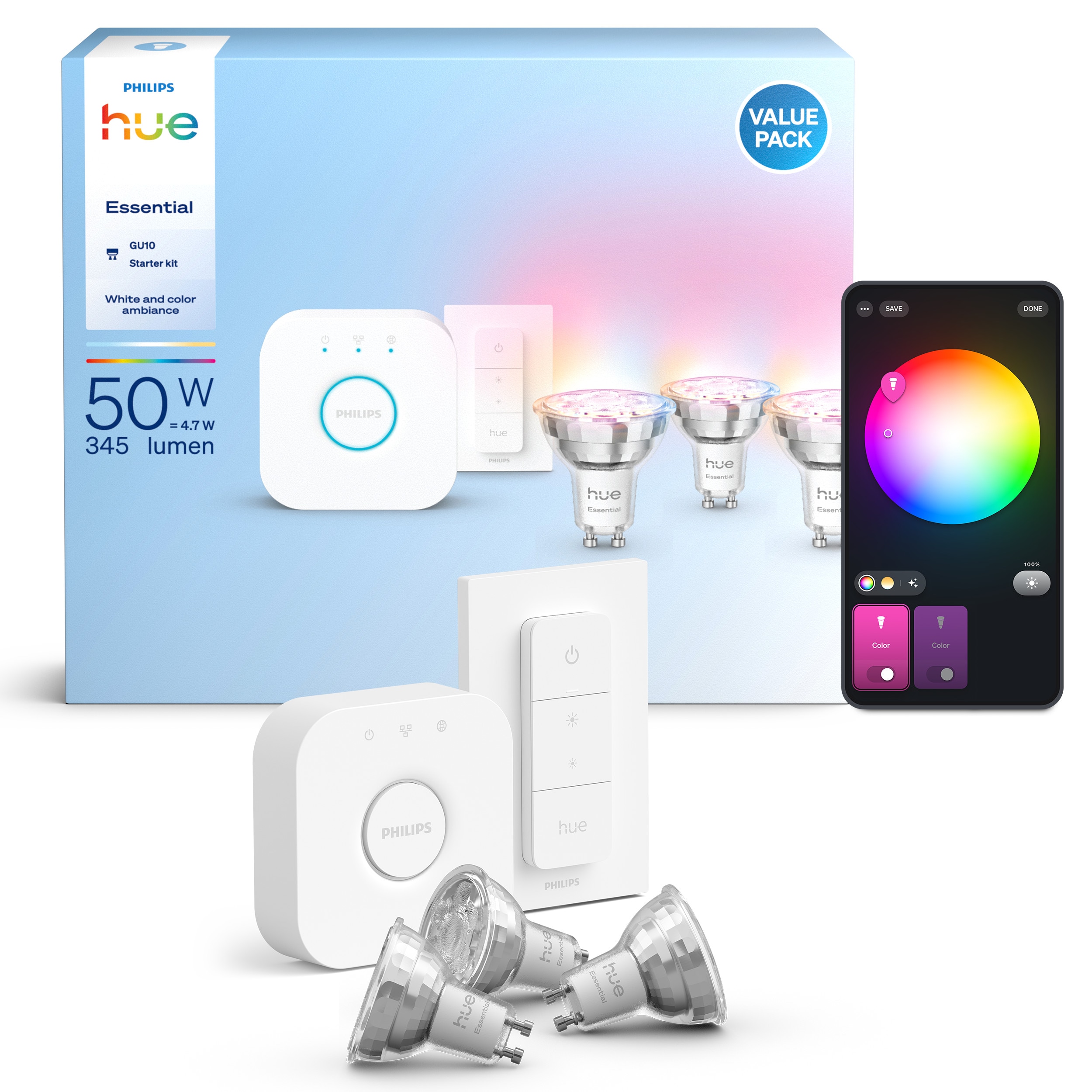Philips Hue , Leuchtmittel, Starter Kit Essential White & Color Ambiance + Bridge (Gu10, 345 Lm, 3X) - Image 4