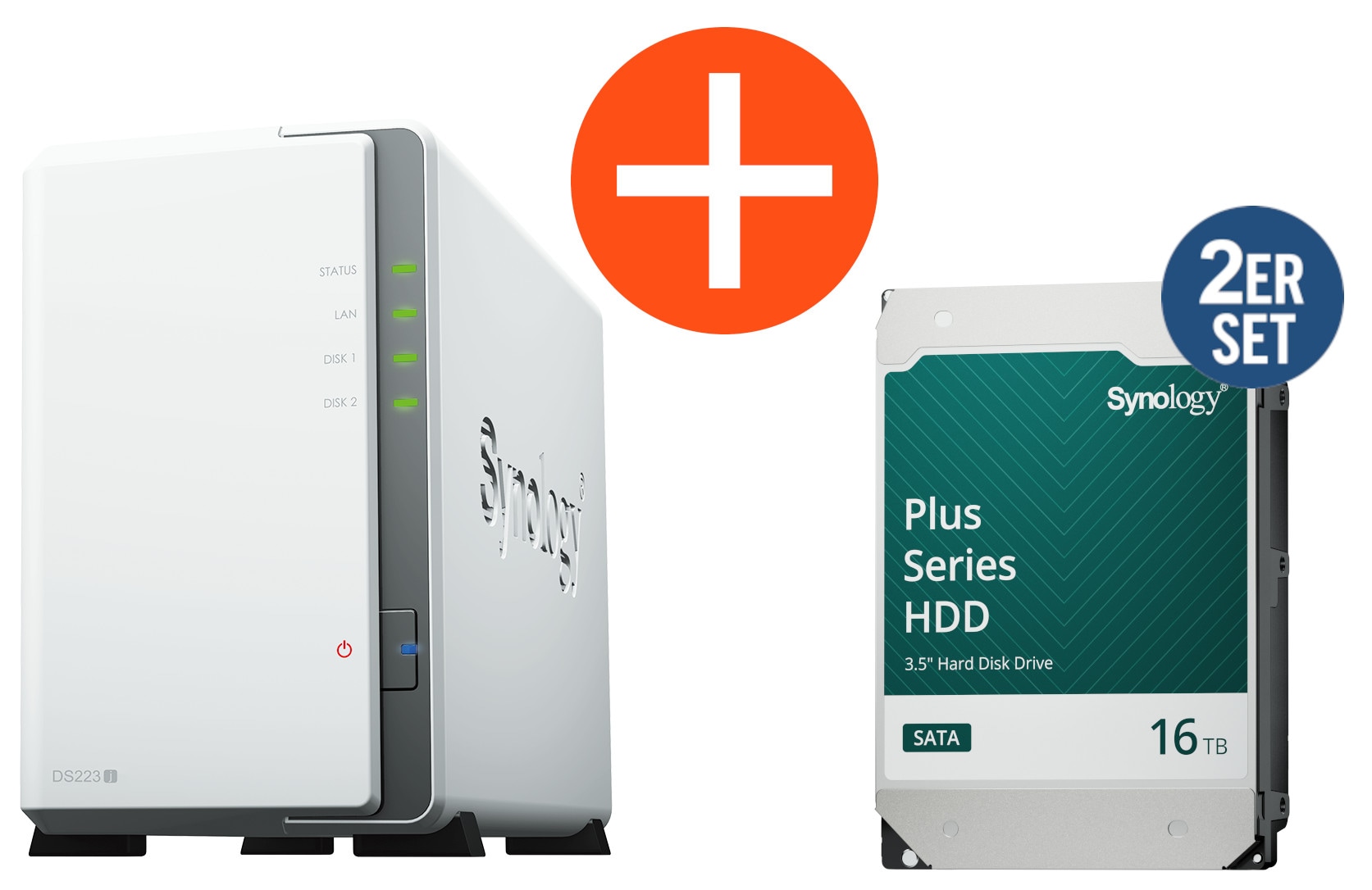 Synology DS223j NAS System 2-Bay 32 TB inkl. 2x 16 TB Synology HDD HAT3310-16T