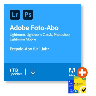 Adobe Creative Cloud Foto-Abo (Photoshop & Lightroom) | 1 TB | Download & Produktschlüssel | inkl. Norton & F-Secure
