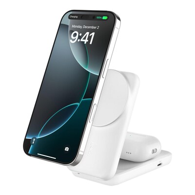 Belkin UltraCharge faltbare magnetische 2-in-1-Ladestation mit Qi2 25W weiß, eckig