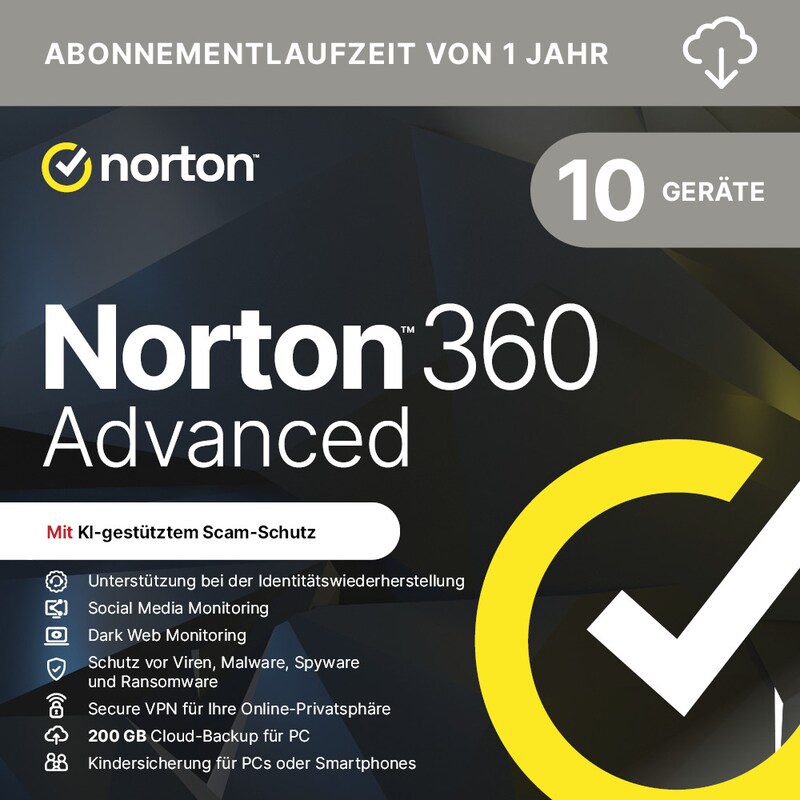 Norton LifeLock 360 Advanced PWM NI 200GB CE 1 Nutzer/10 Geräte/1 Jahr ESD DE