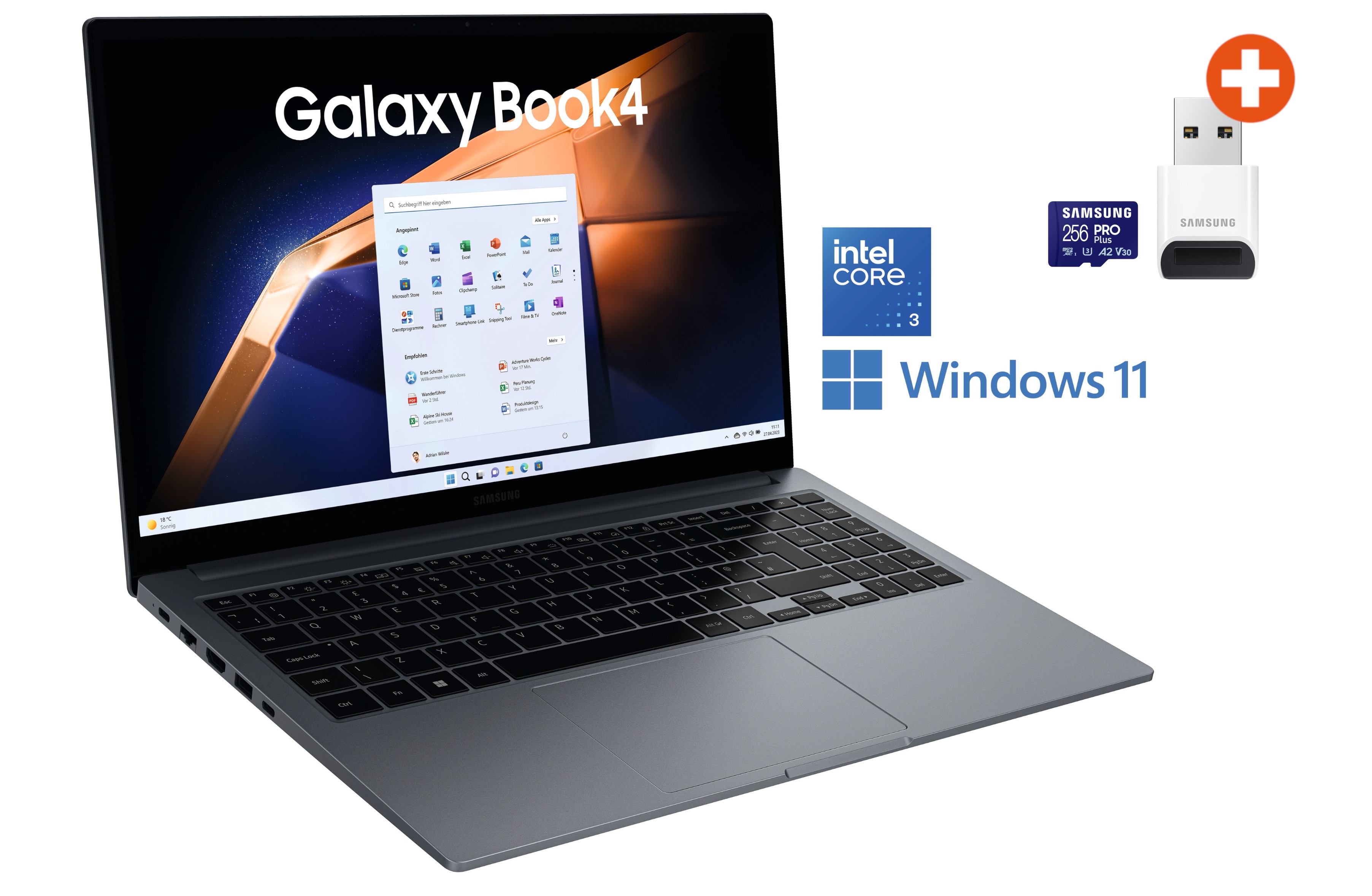 SAMSUNG Galaxy Book4 15,6" Core 5 120U 16GB/512GB SSD Win11 NP750XGK-KB2DE +256 GB microSDXC-Speicherkarte (2023) mit USB-Adapter