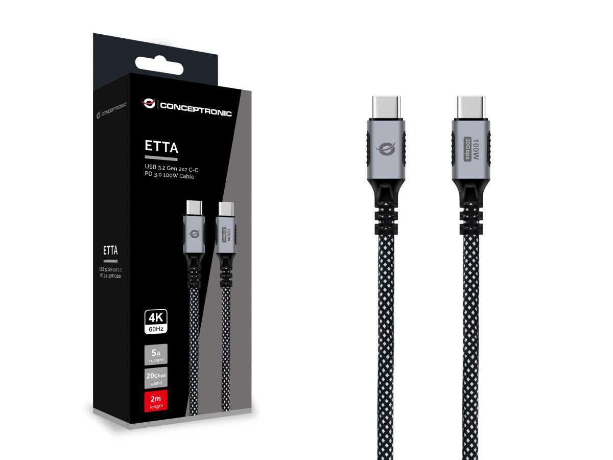 Conceptronic ETTA07B20 USB 3.2 Gen 2x2 C-C PD 3.0 100W Kabel, 2m, 20V 5A, 20Gbps, 4K60Hz, E-Mark