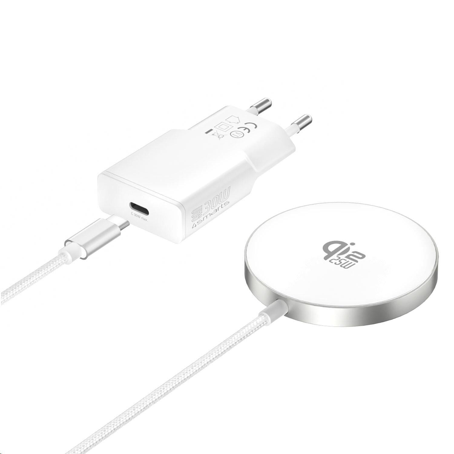 4smarts Kabelloses Ladegerät Qi2/ MagSafe-kompat 25W,1,5m weiß inkl. 30W Netzteil