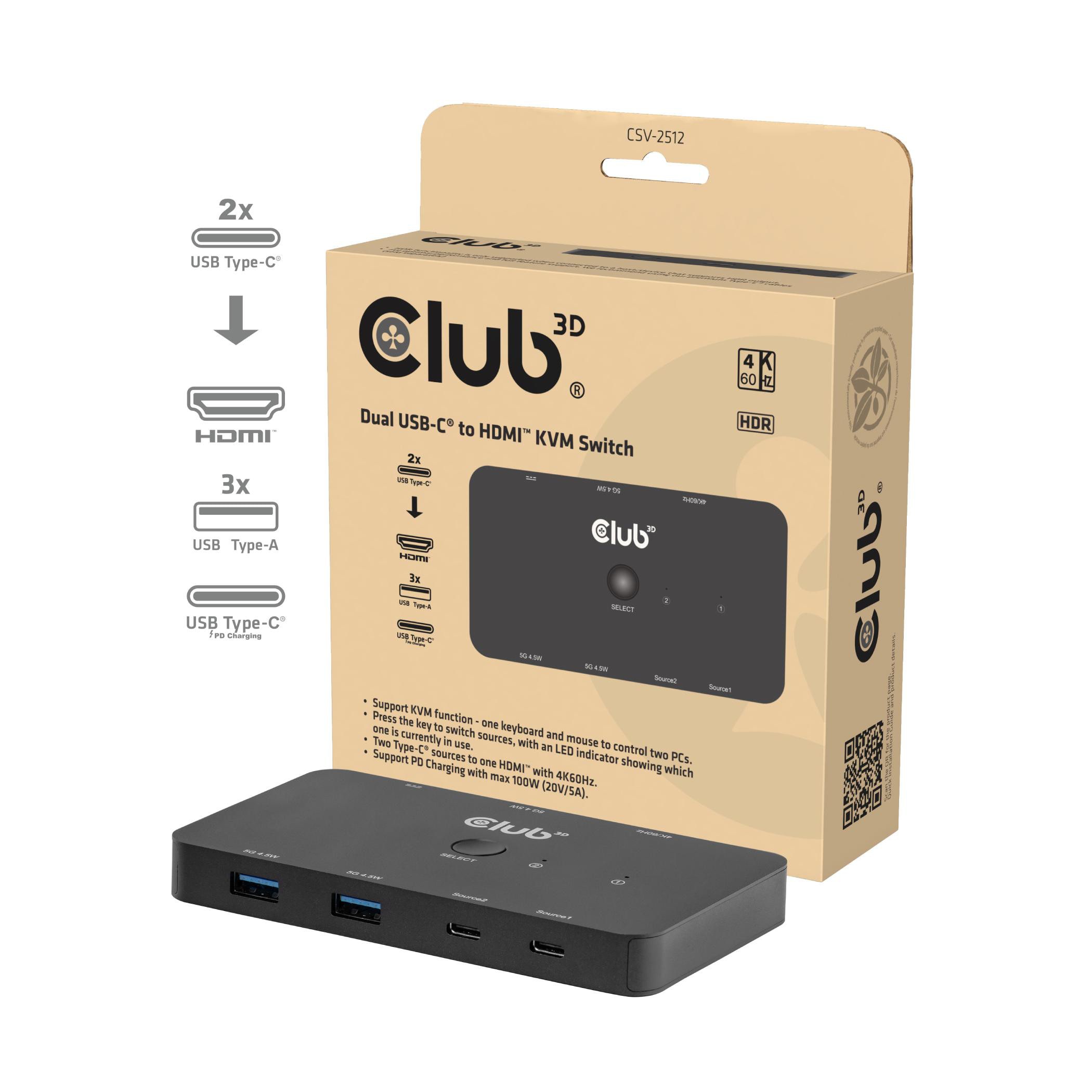 Club 3D CSV-2512 KVM Switch Dual USB type C zu HDMI 4K 60Hz schwarz