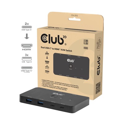 Club3D Club 3D CSV-2512 KVM Switch Dual USB type C zu HDMI 4K 60Hz schwarz | 08719214473716
