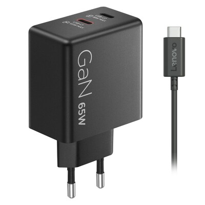 Lenovo  Dual USB-C 65W GaN-Ladegerät/ Netzteil Schwarz inkl. USB-C Kabel (1,5m) | 00195892129134