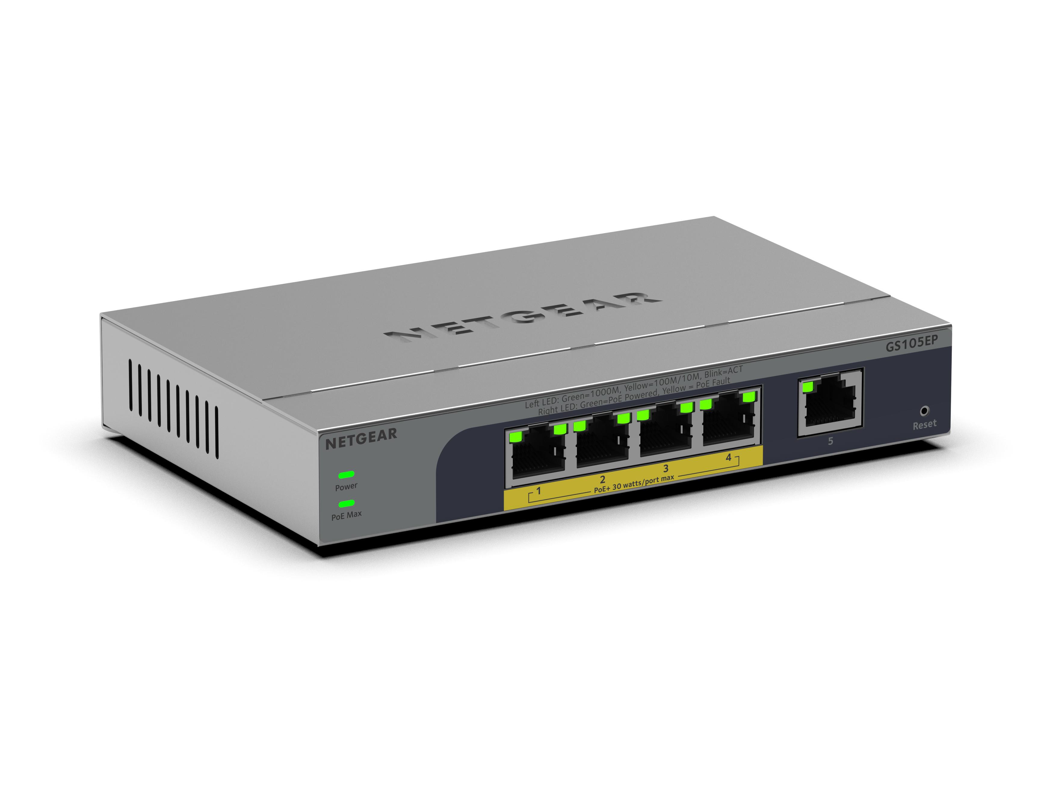 Netgear Gs105ep 5-Port Gigabit Ethernet Poe+ Plus Switch, Poe Budget 63 W, Lüfterlos, Metallgehäuse Grau Gs105ep-100Eus
