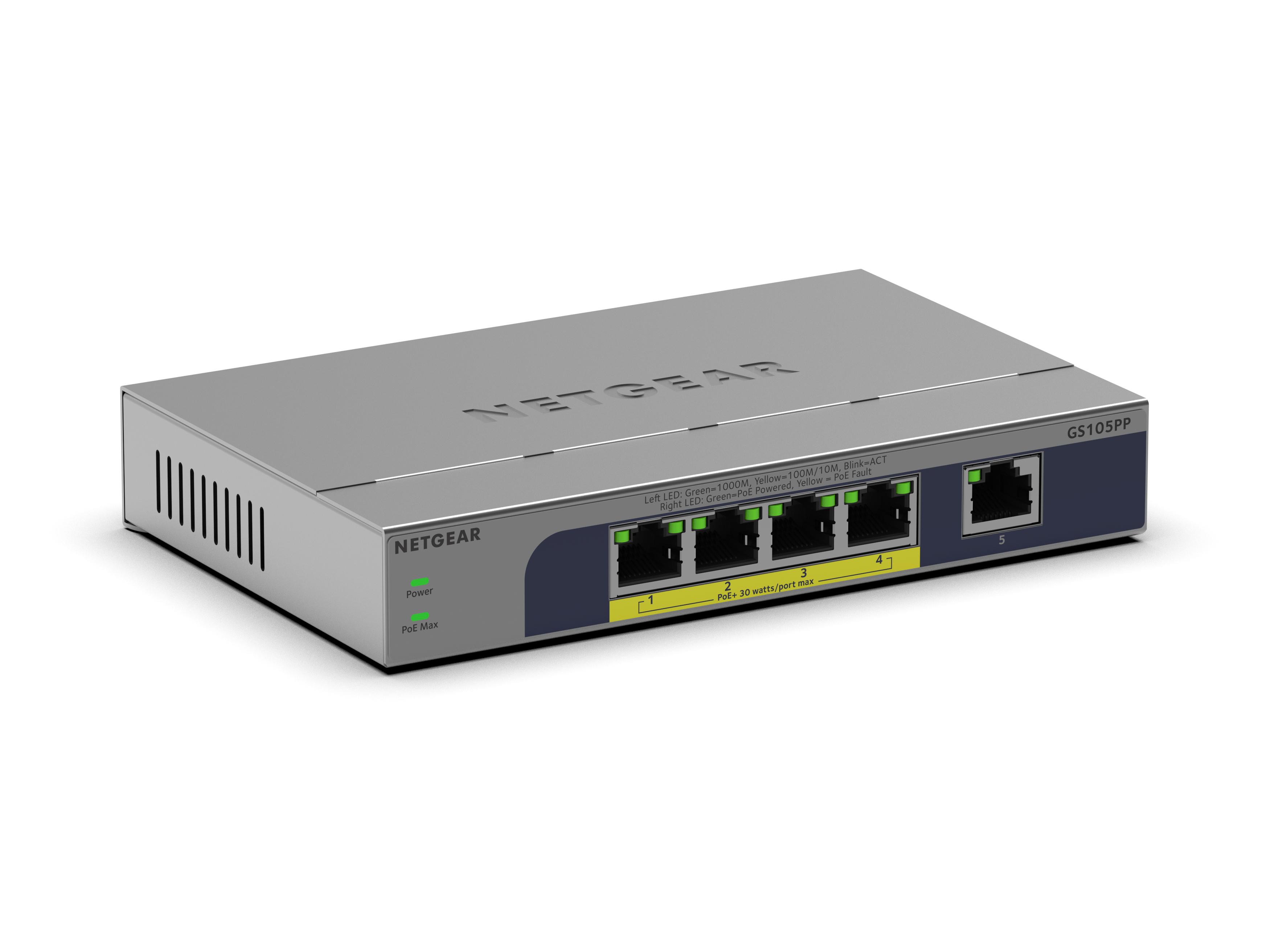 Netgear 5-Port Gigabit Ethernet Unmanaged Poe+ Switch: 4 Poe+ Mit 83 W, Dynamisches Poe, Lüfterlos, Desktop Oder Wandbefestigung (Gs105pp) - Image 2