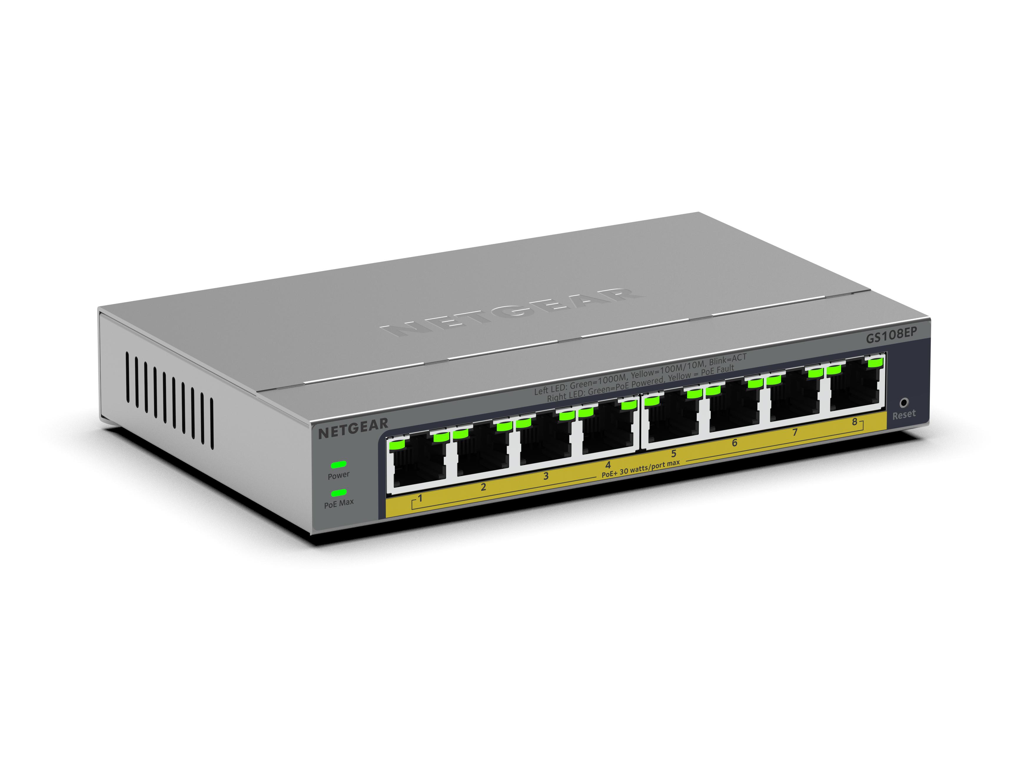 Netgear Gs108ep 8-Port Gigabit Ethernet Poe+ Plus Switch, Poe Budget 62 W, Lüfterlos, Metallgehäuse Grau Gs108ep-100Eus - Image 5