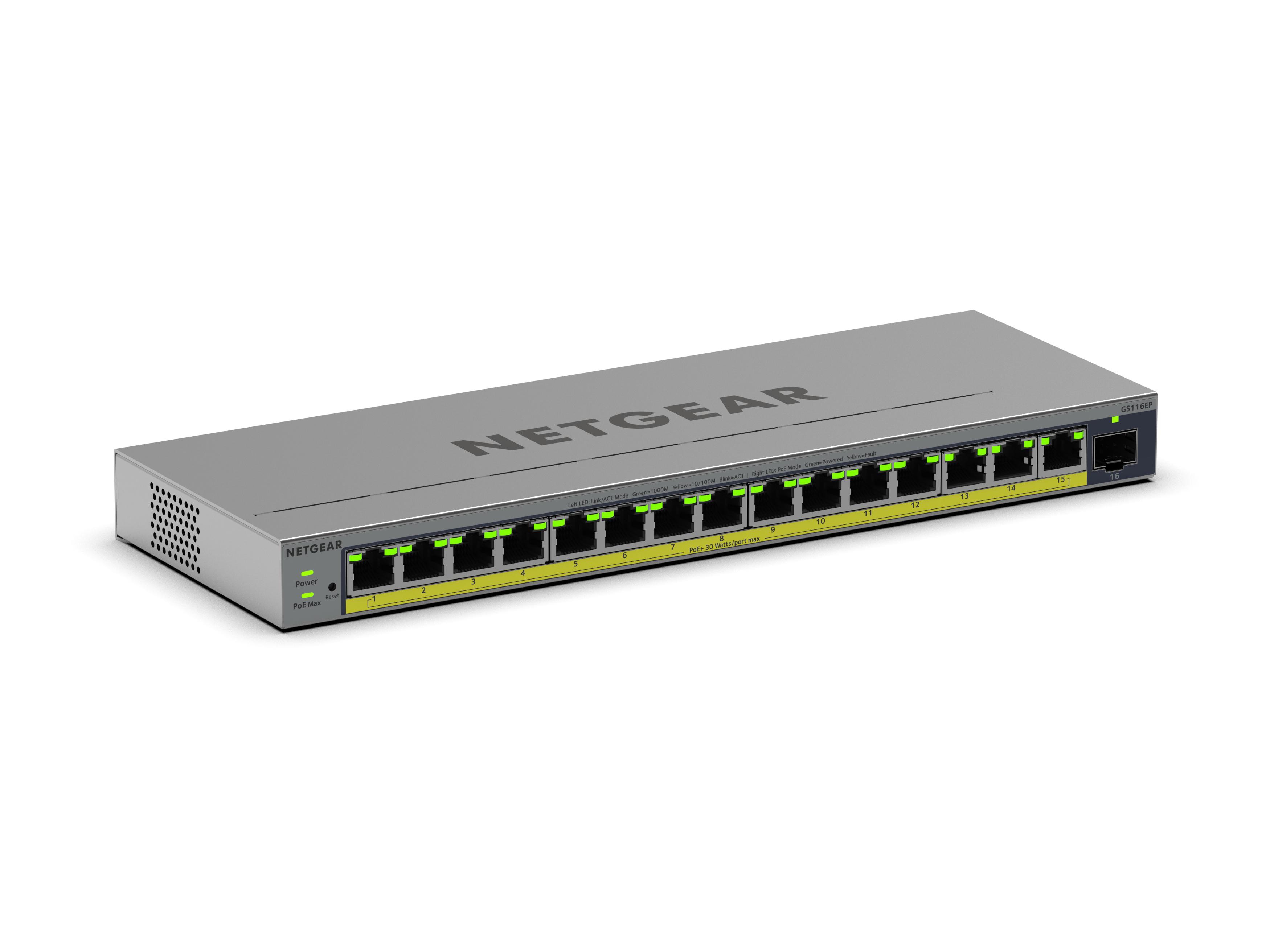Netgear Gs116ep 16-Port Poe+ Gigabit Ethernet Plus Switch Mit Poe+ (180W) Und 1 Sfp Port Größe 16 Grau - Image 2