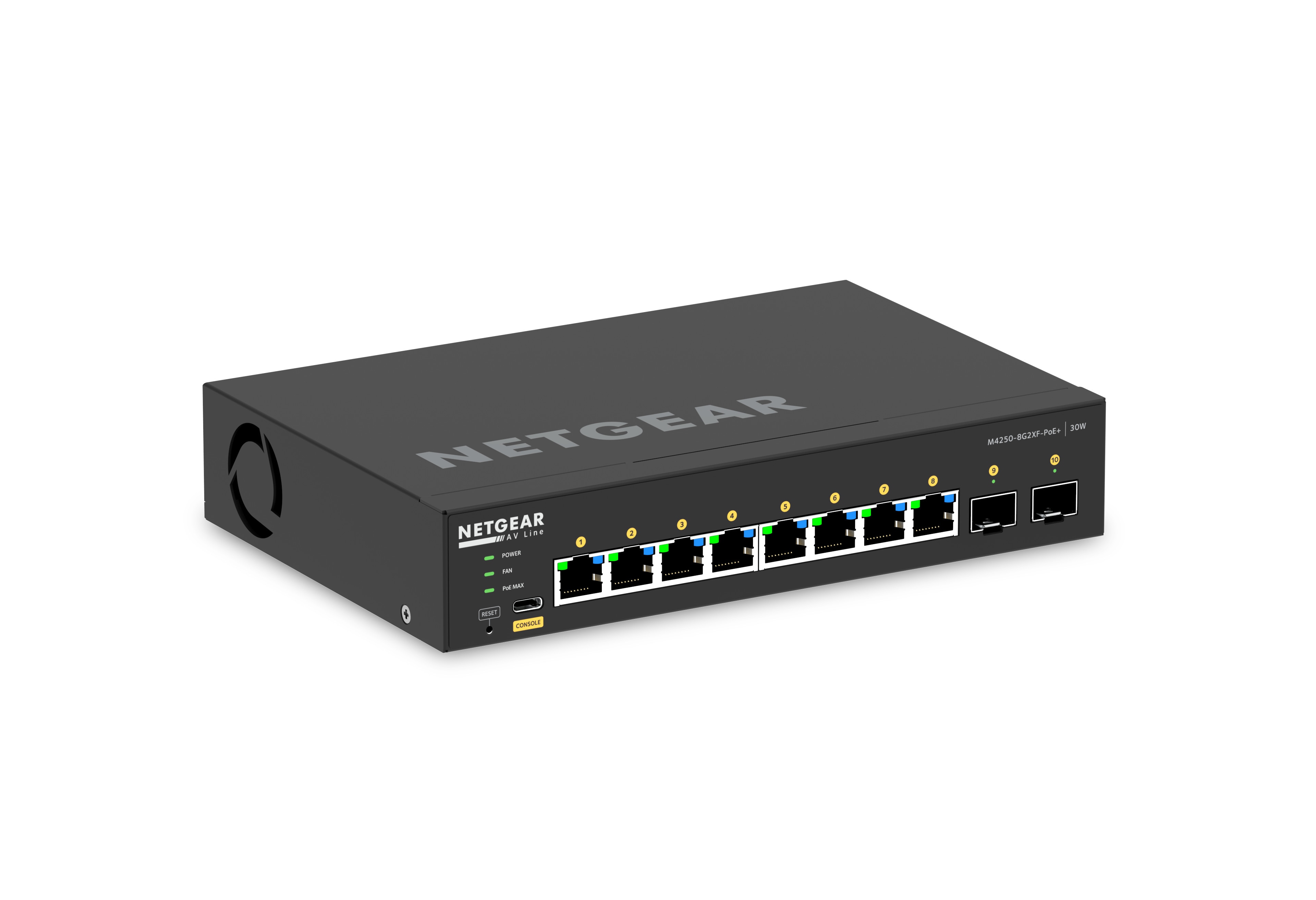 NETGEAR GSM4210PX AV Line M4250-8G2XF-PoE+ 220W fully managed Desktop-Switch mit Einbauhalterung