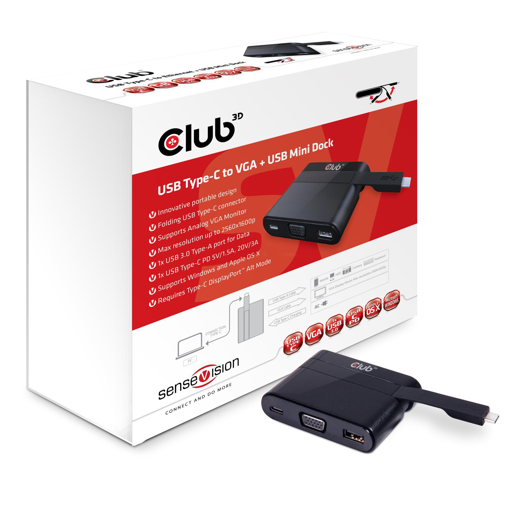 Club3d Club 3D Usb-C® To Vga + Usb-A 5Gbps+ Usb-C® Charging Mini Dock Schwarz Csv-1532
