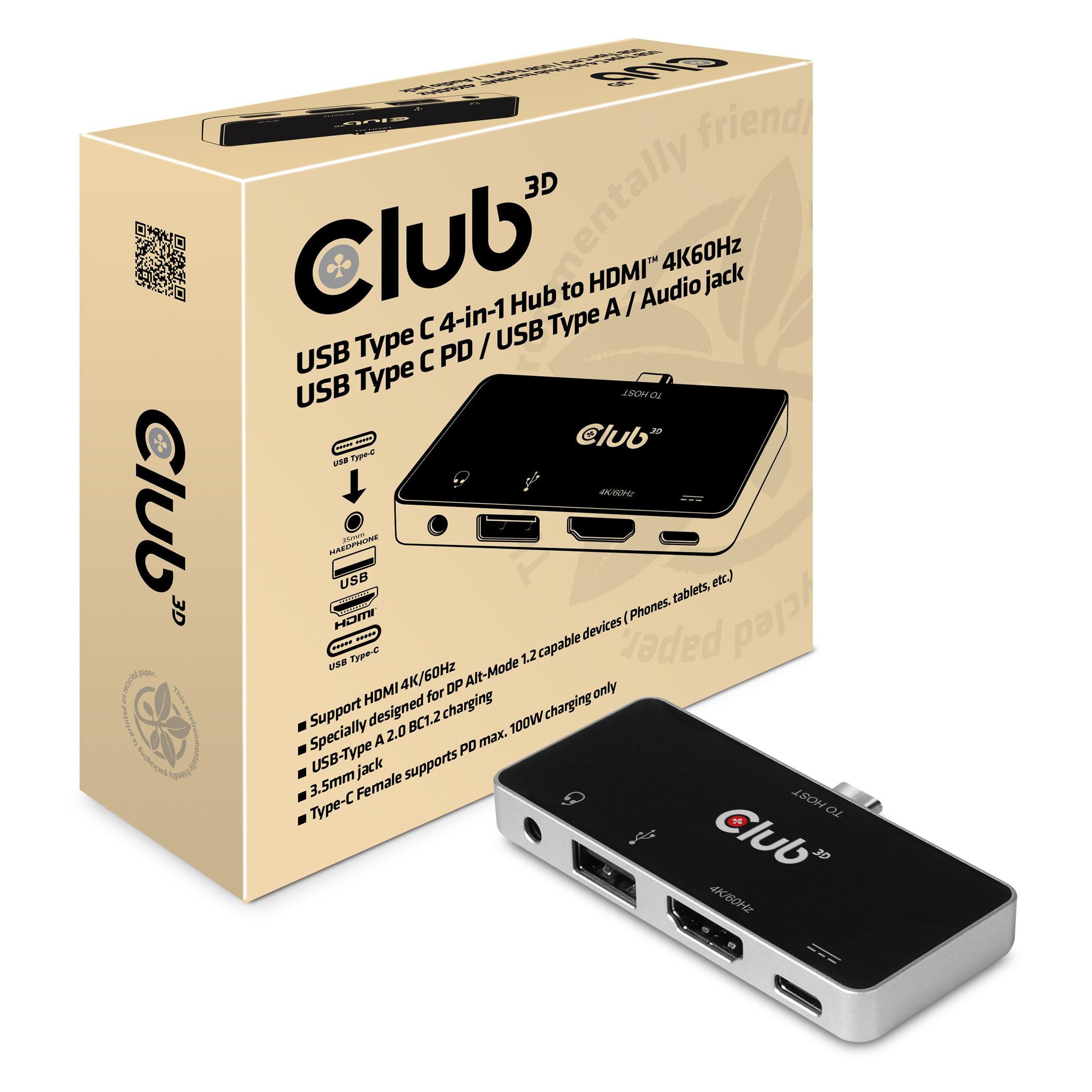 Club3d Club 3D Usb-C® 4-In-1 Hub / Hdmi™ 4K60hz Usb-C® Pd / Usb A / Audio Jack Csv-1591