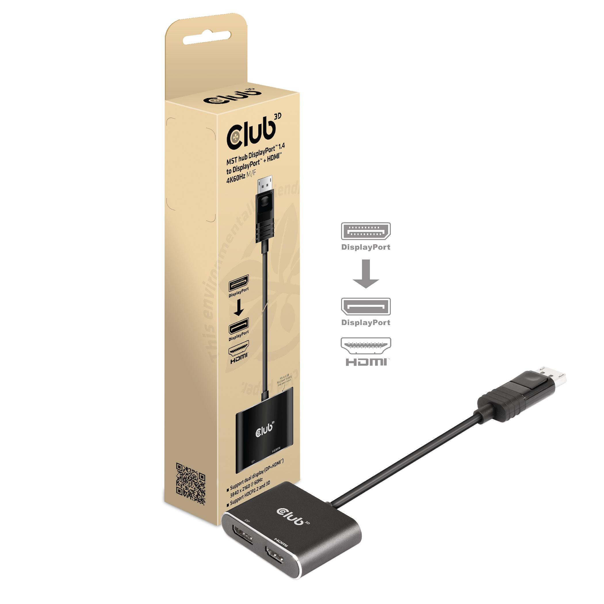Club3D CSV-7220 MST hub DisplayPort™ 1.4 / DisplayPort™ + HDMI™ 4K60Hz M/F