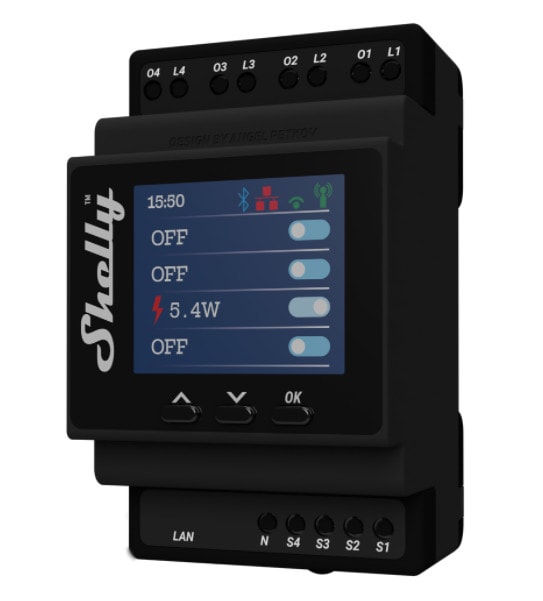 Shelly Pro 4PM smarter Relaisschalter 40A Großgeräte Hutschiene Relais Messfunktion 1 Phase 4 Kanäle WLAN LAN BT