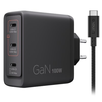 Lenovo Multi-Port USB-C 100W GaN-Ladegerät/ Netzteil Schwarz inkl. USB-C Kabel (1,8m)