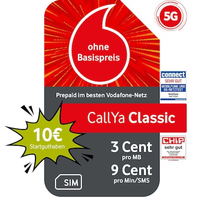 Vodafone Prepaid CallYa Classic | 10 EUR Startguthaben I ohne Vertrag | 5G-Netz | 9 Ct. pro Min/SMS