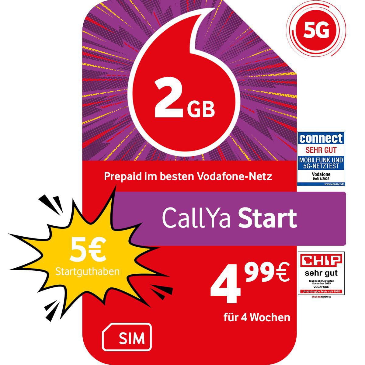 Vodafone Prepaid Prepaid CallYa Start | 5 EUR Startguthaben | 1 Monat 2GB | 5G-Netz