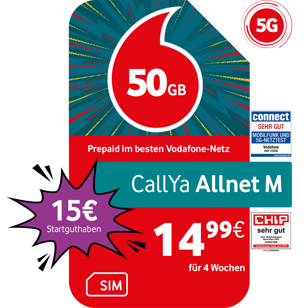 Vodafone Prepaid Prepaid CallYa M | 15 EUR Startguthaben | 1 Monat 50GB | 5G-Netz