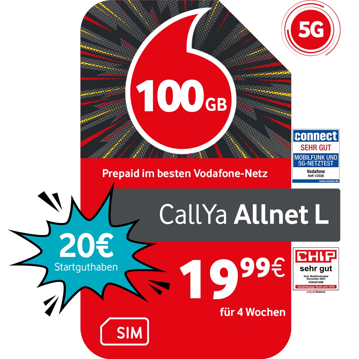 Vodafone Prepaid CallYa Allnet L | 20 EUR Startguthaben | 1 Monat 100GB | 5G-Netz