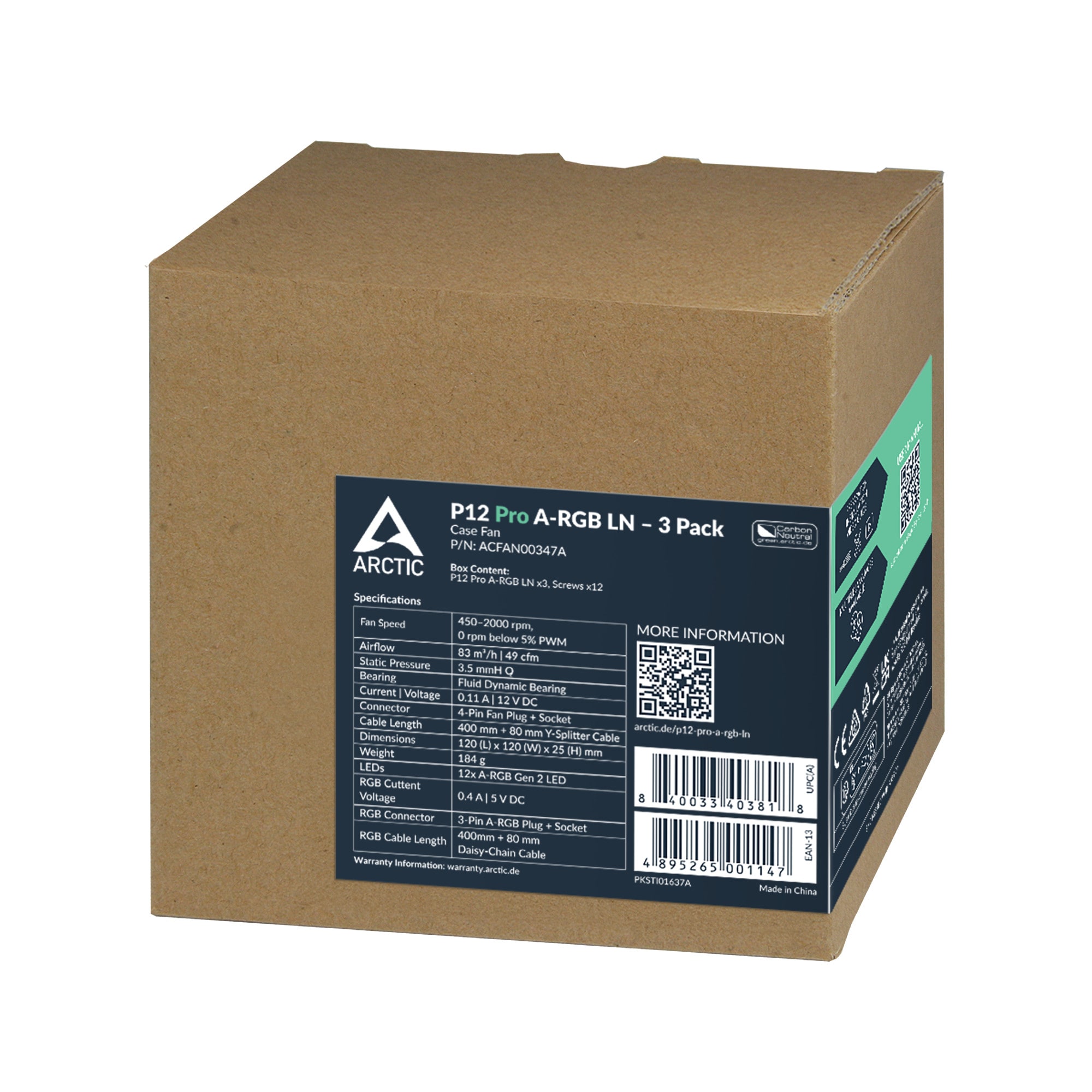 ARCTIC Gehäuselüfter P12 Pro A-RGB LN 3er Pack 120 mm schwarz 4-pin + Splitter